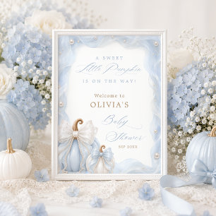 Sweet Little Pumpkin Blue Bow Baby Shower Welcome Poster