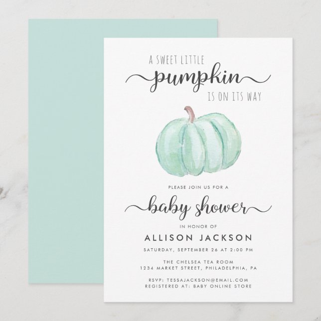 Sweet Little Pumpkin Mint Watercolor Baby Shower Invitation (Front/Back)