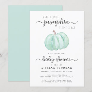 Sweet Little Pumpkin Mint Watercolor Baby Shower Invitation