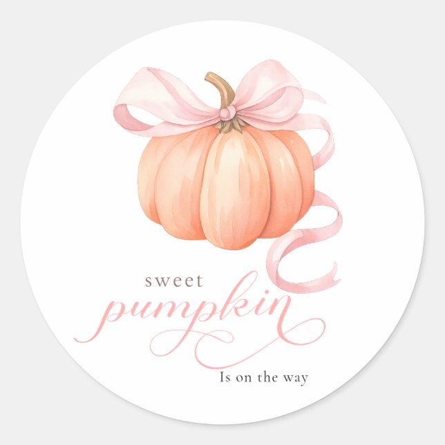 Sweet Little pumpkin pink bow is on the way Classic Round Sticker (Front)