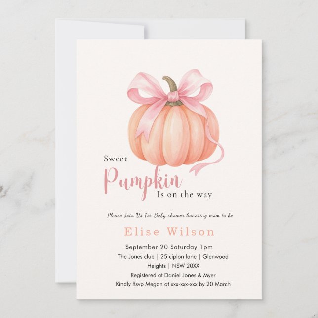 Sweet Little pumpkin pink bow is on the way  Invitation (Front)