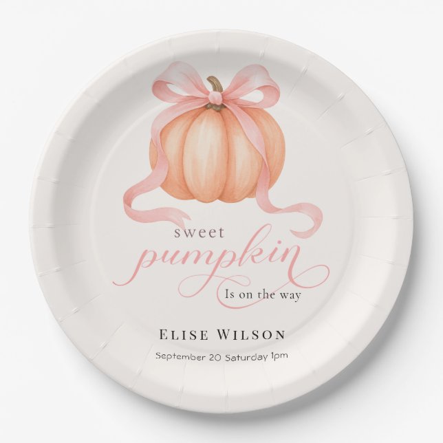 Sweet Little pumpkin pink bow is on the way Paper Plate (Front)