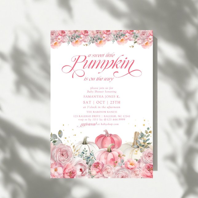 Sweet Little Pumpkin Pink Floral Fall Baby Shower Invitation (Creator Uploaded)