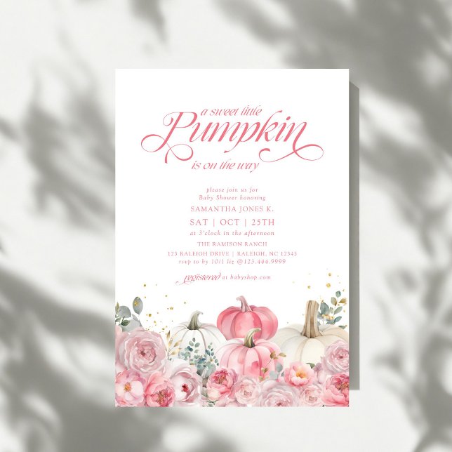 Sweet Little Pumpkin Pink Floral Fall Baby Shower Invitation (Creator Uploaded)