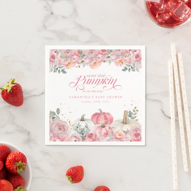 Sweet Little Pumpkin Pink Floral Fall Baby Shower Napkin (Insitu)