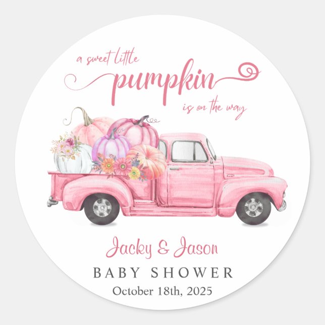 Sweet Little Pumpkin Pink Girl Baby Shower Classic Round Sticker (Front)