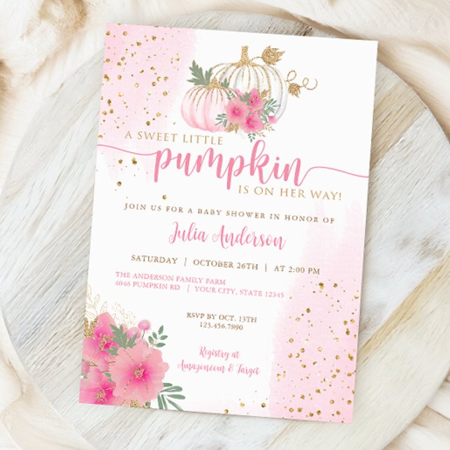 Sweet Little Pumpkin, Pink Gold Fall Baby Shower Invitation (Creator Uploaded)