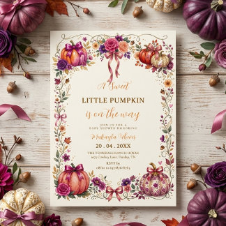 Sweet Little Pumpkin Plum Floral Fall Baby Shower Invitation