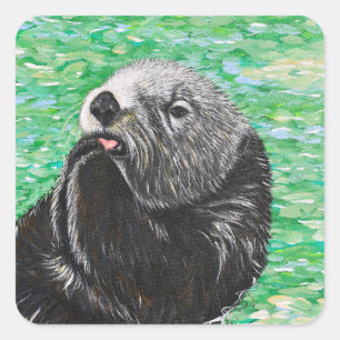 Sweet Little Sea Otter Painting Square Sticker