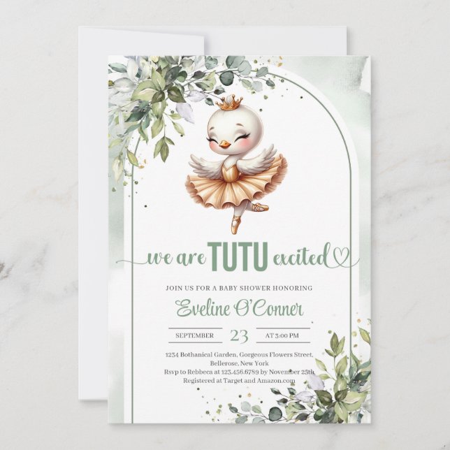 Sweet little swan with gold tutu dress eucalyptus  invitation (Front)