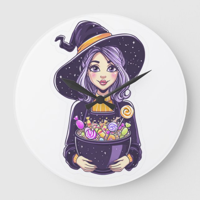 Sweet Little Witch with Magical Candy Bowl Large Clock (Front)