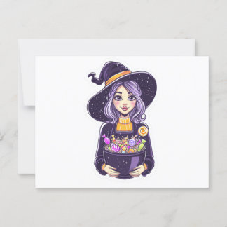 Sweet Little Witch with Magical Candy Bowl Postcard