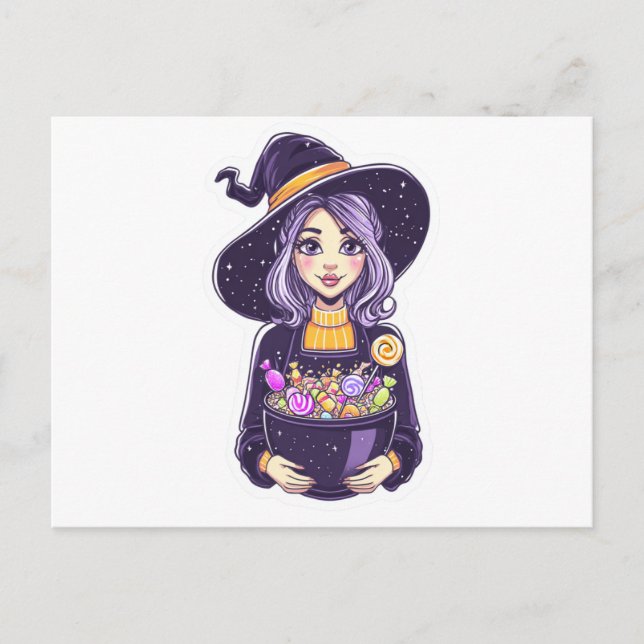 Sweet Little Witch with Magical Candy Bowl Postcard (Front)