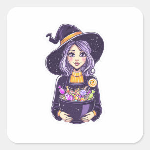 Sweet Little Witch with Magical Candy Bowl Square Sticker