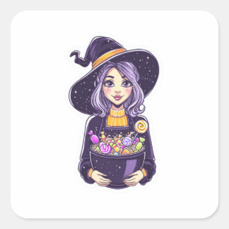 Sweet Little Witch with Magical Candy Bowl Square Sticker