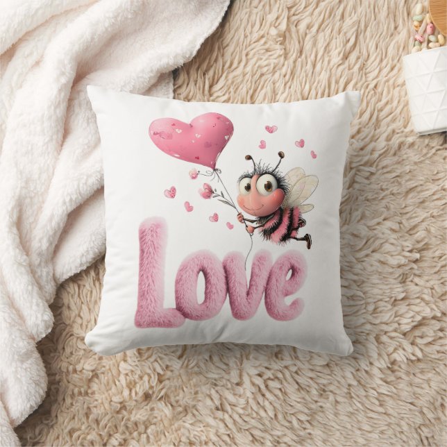 Sweet Love Bee Pink Hearts  Throw Pillow (Blanket)