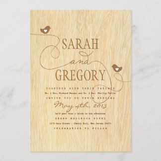 Sweet Love Birds on Woodgrain Wedding Invitation