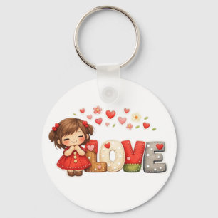 Sweet "LOVE" Heart & Chibi Girl Throw Pillow Keychain