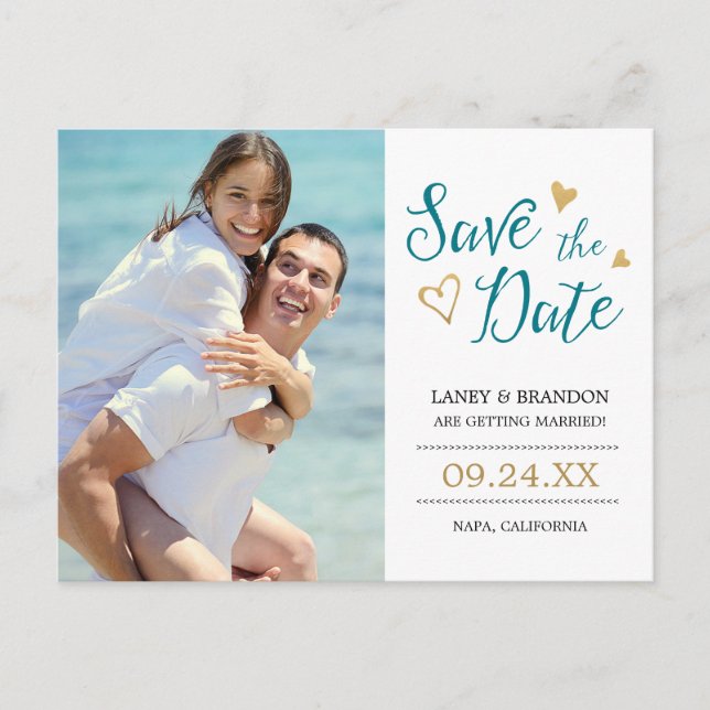 Sweet Love Save the Date Postcard / Teal and Gold (Front)