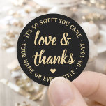 Sweet Love & Thanks Black & Gold Simple Script Classic Round Sticker<br><div class="desc">Add a personalized touch to party favours and thank you notes with custom "love and thanks" round stickers / envelope seals. All wording on this template is simple to customize for any occasion, such as wedding, bridal shower, graduation, birthday party, anniversary or retirement. The black and gold design features modern...</div>