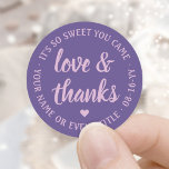 Sweet Love & Thanks Lavender Purple Simple Script Classic Round Sticker<br><div class="desc">Add a personalized touch to party favours and thank you notes with custom "love and thanks" round stickers / envelope seals. All wording on this template is simple to customize for any occasion, such as wedding, bridal shower, graduation, birthday party, anniversary or retirement. The lavender purple design features modern script...</div>