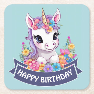 Sweet Magical Baby Unicorn  Square Paper Coaster
