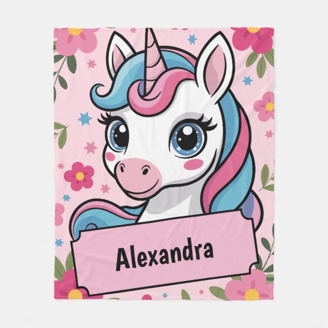 Sweet Magical Unicorn Design Personalized Girly  Fleece Blanket (Front)