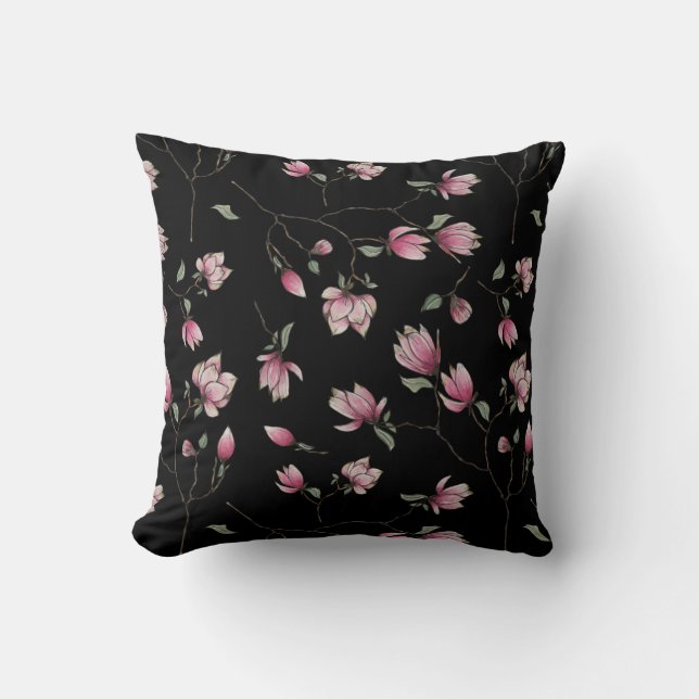 Sweet Magnolias Pink Blossoms on Black Throw Pillow (Front)