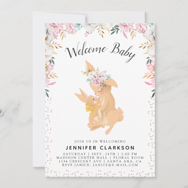 Sweet Mama & Baby Bunnies Welcome Baby Invitation (Front)