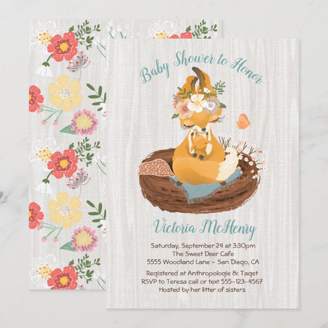 Sweet mamma fox & baby fox baby shower invitations (Front/Back)