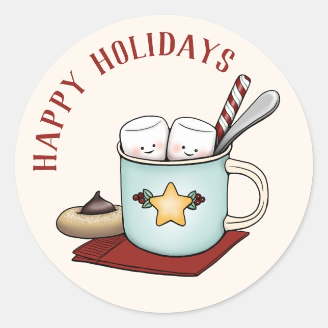 Sweet Marshmallows in Mug Happy Holidays Christmas Classic Round Sticker (Front)