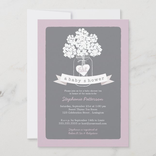 Sweet Mason Jar Lilac Grey Baby Shower Invitation (Front)