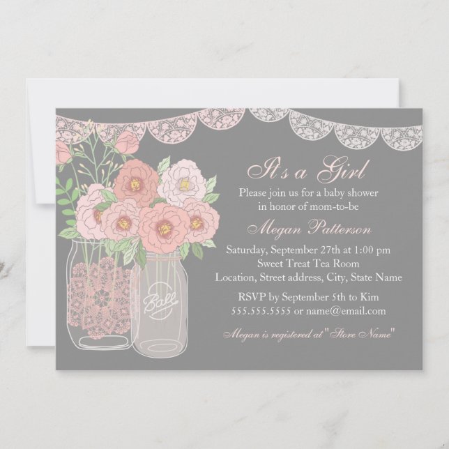 Sweet Mason Jar Pink & Grey Baby Shower Invitation (Front)