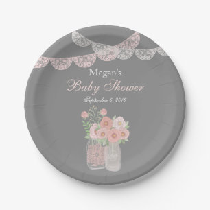 Sweet Mason Jar Pink Grey Baby Shower Paper Plates