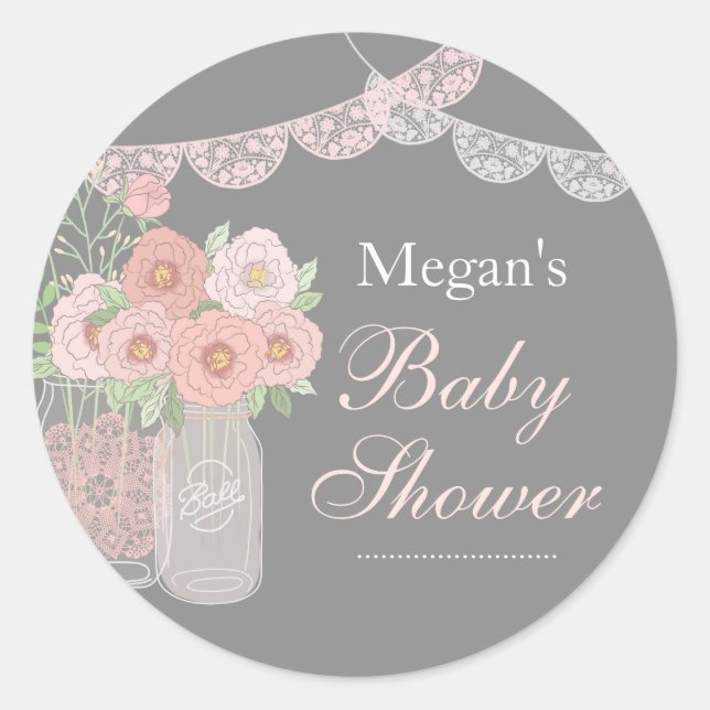 Sweet Mason Jar Pink Grey Baby Shower Sticker (Front)