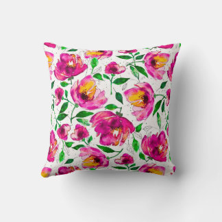 Sweet Memories-Watercolor Floral in Pink and Green Throw Pillow