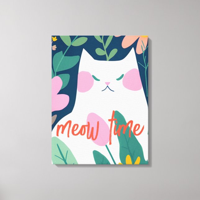 "Sweet Meow Time" Abstract White Cat Canvas Print (Front)