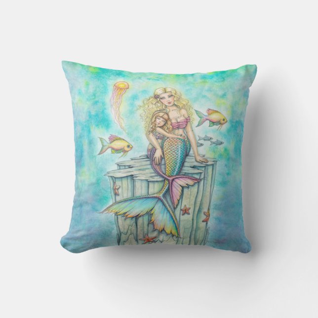 Sweet Mermaid and Daughter Fantasy Watercolor Art Throw Pillow (Front)
