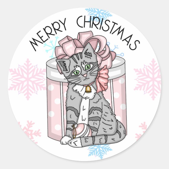 Sweet Merry Christmas Grey Kitten Pink Present  Classic Round Sticker (Front)