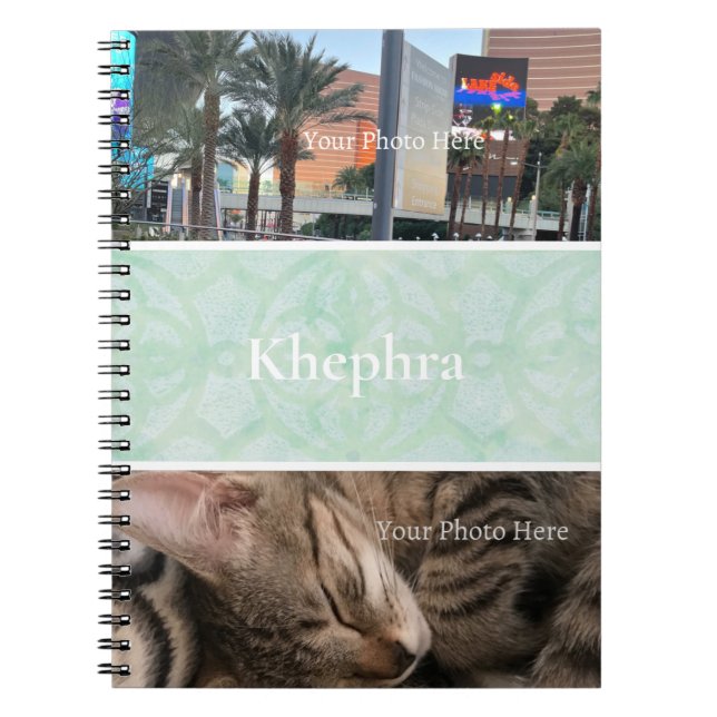 Sweet Mint Green Batik Photo Collage, Border, Name Notebook (Front)