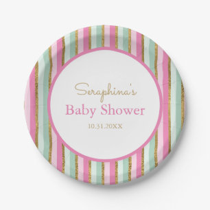 Sweet Mint Green Pink And Gold Stripes Baby Shower Paper Plate