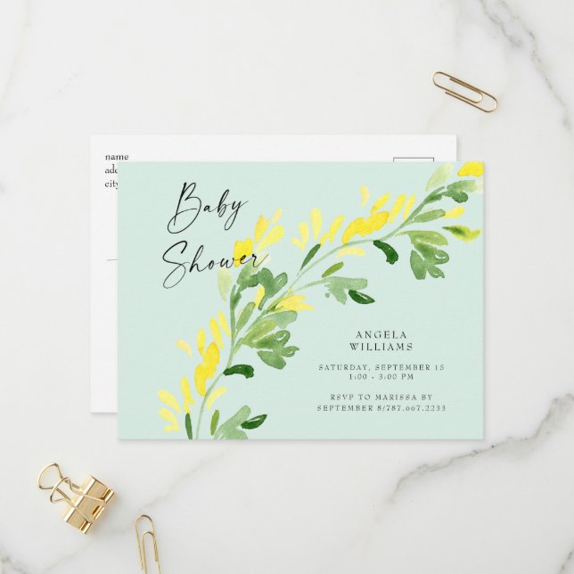 Sweet Mint Yellow Wildflowers Baby Shower  Invitation Postcard (Front/Back In Situ)