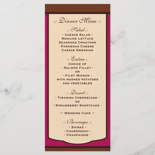 Sweet Mocha & Fuchsia Wedding Reception Menus (Front)