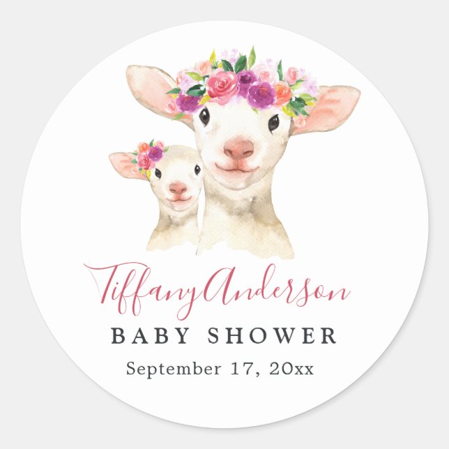 Sweet Mom And Baby Lamb Floral Baby Shower Sticker (Front)