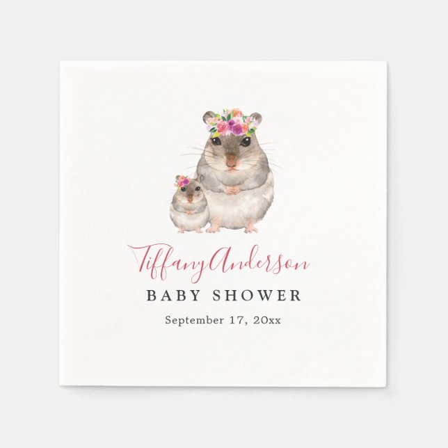 Sweet Mom And Baby Mouse Floral Baby Shower Napkin (Front)