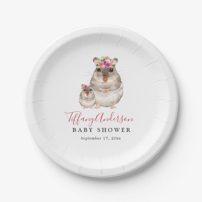 Sweet Mom And Baby Mouse Floral Baby Shower Plate (Front)