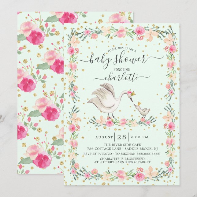 Sweet Mom & Baby Swan Baby Shower Invitation (Front/Back)
