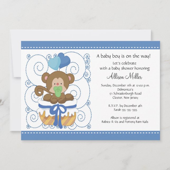 Sweet Monkey Baby Boy Baby Shower Invitation (Front)