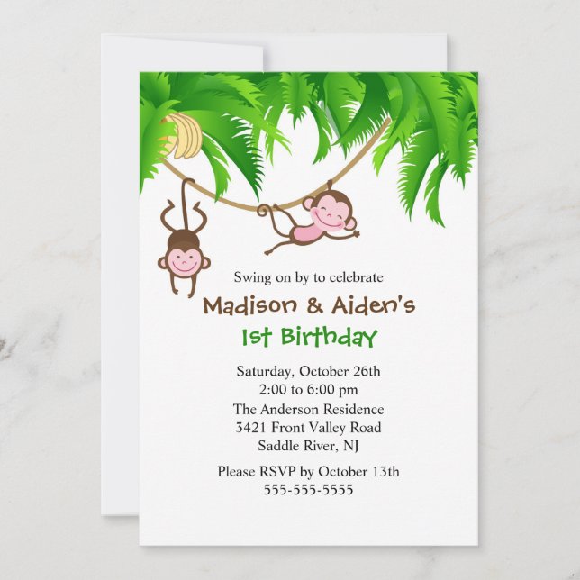 Sweet Monkeys Twins Birthday Invitation (Front)