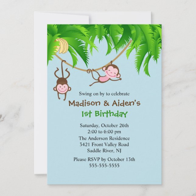 Sweet Monkeys Twins Invitation d'anniversaire (Devant)